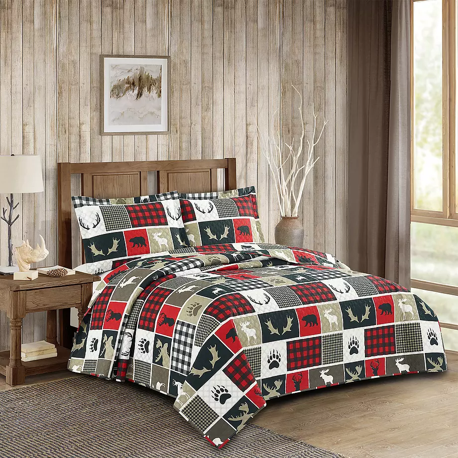 Lodge Themed Printed Quilt Set Cabin, Cabin Twin Bedding Set