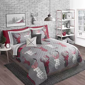 Lodge themed reversible quilt set, moose heads/plaid pattern
