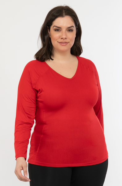 Long-sleeve, v-neck performance top - Red - Plus Size