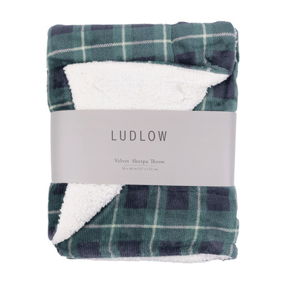 LUDLOW - Plaid pattern velvet sherpa throw, 50"x60"