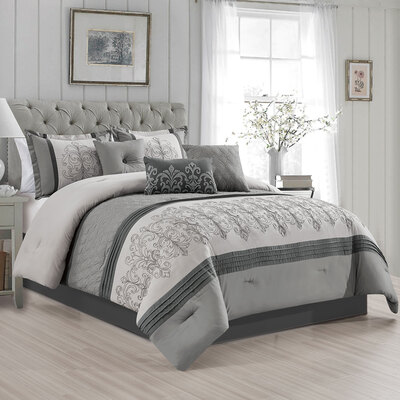 Luxurious jacquard comforter set, 7 pcs - Grey fleur de lys