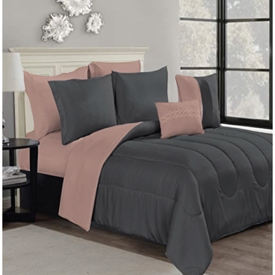 Madhvi, bed-in-a-bag 9 pcs peach & grey comforter set