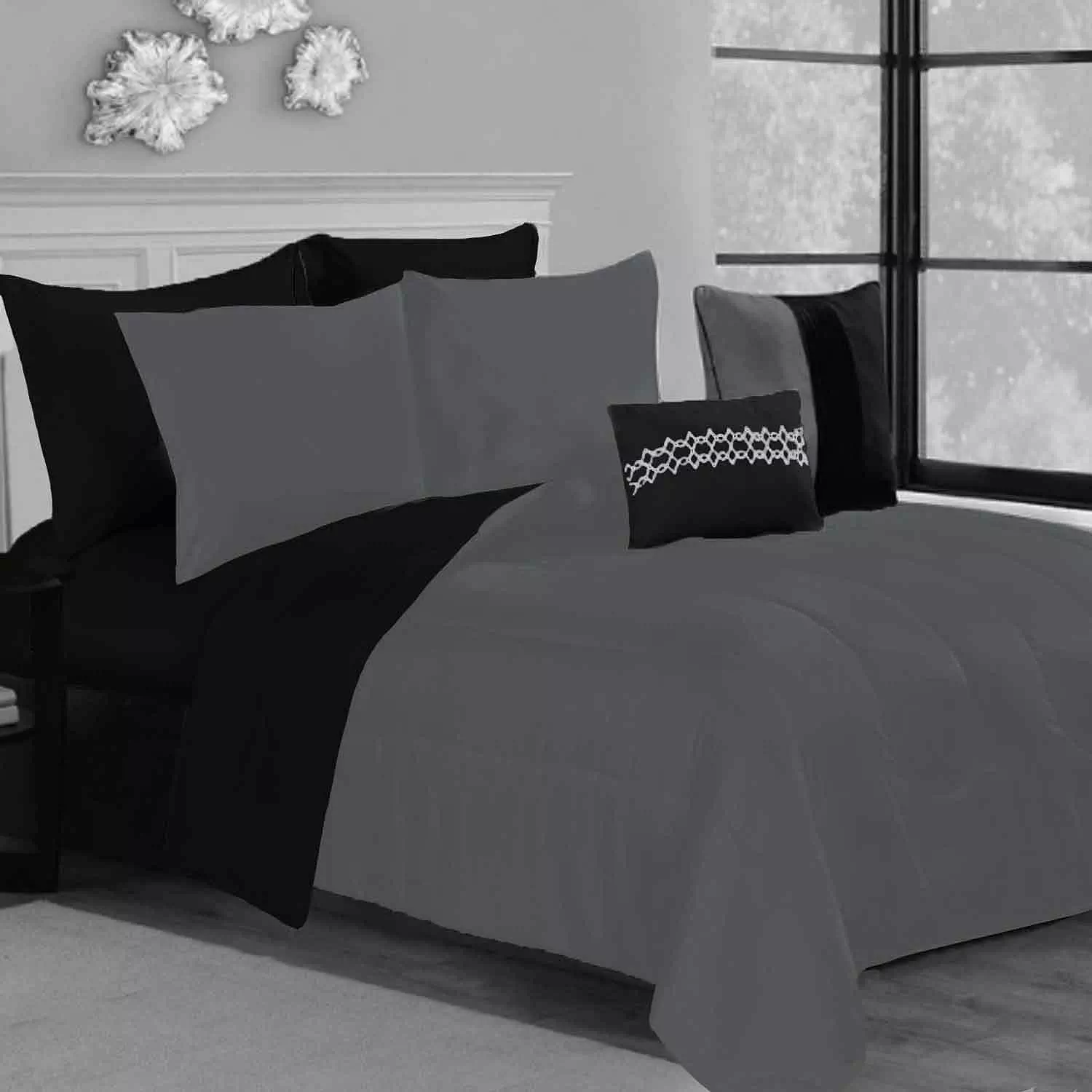 Madhvi, bed-in-a-bag 7 pcs black & grey comforter set, twin