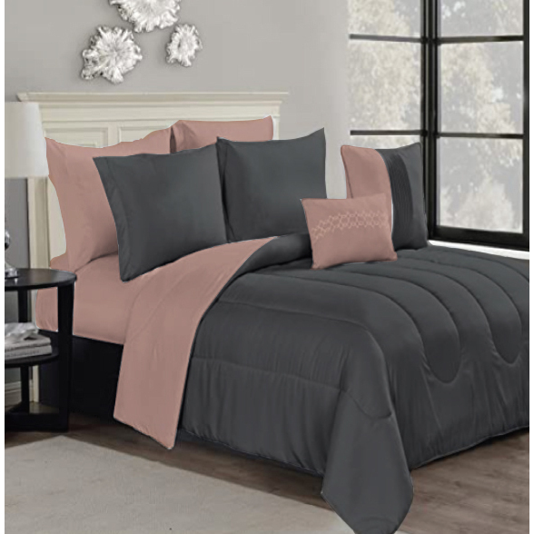 9 Pcs Peach Grey Comforter Set, Light Grey Bed Set Queen