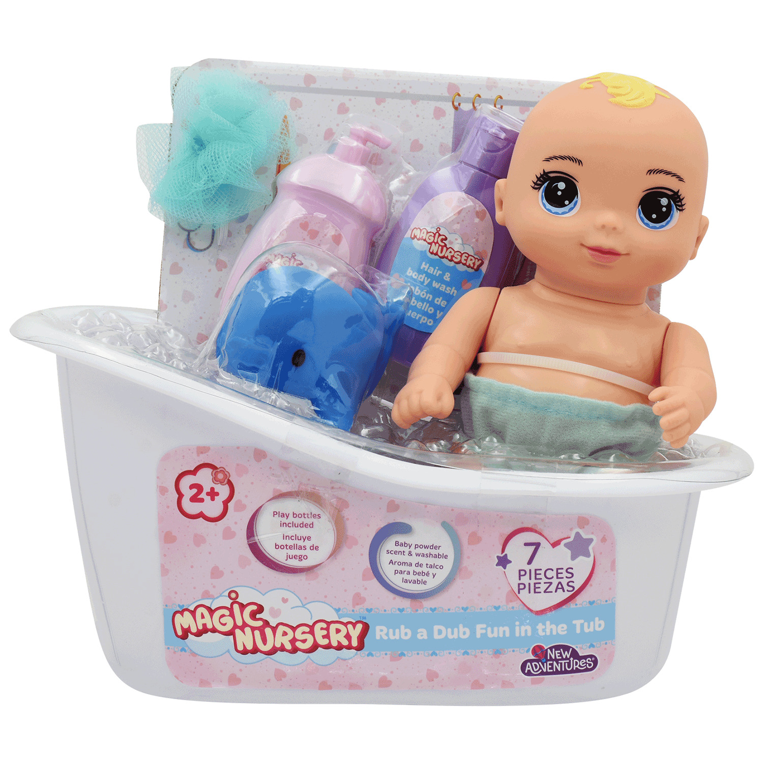 Magic Nursery - Rub a Dub Fun in the Tub - Baby doll with accessories, 7 pcs