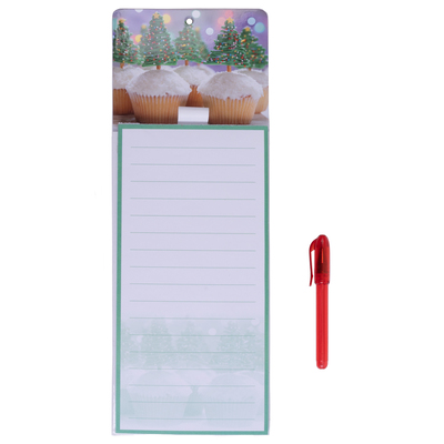 Magnetic notepad with pen, 60 sheets - Christmas tree cupcakes