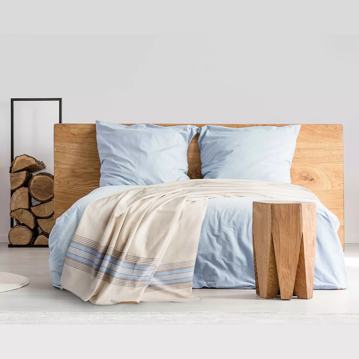 Martex - Couverture avec rayures en flanelle, gris et bleu, lit simple
