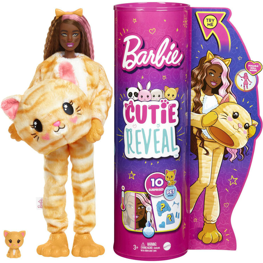 Mattel - Barbie - Poupée Cutie Reveal en costume de chaton en peluche et mini animal de compagnie