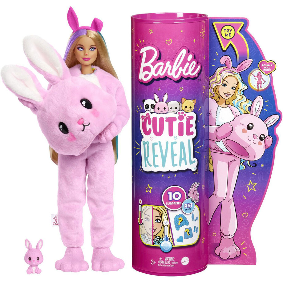 Mattel - Barbie - Poupée Cutie Reveal en costume de lapin en peluche et mini animal de compagnie