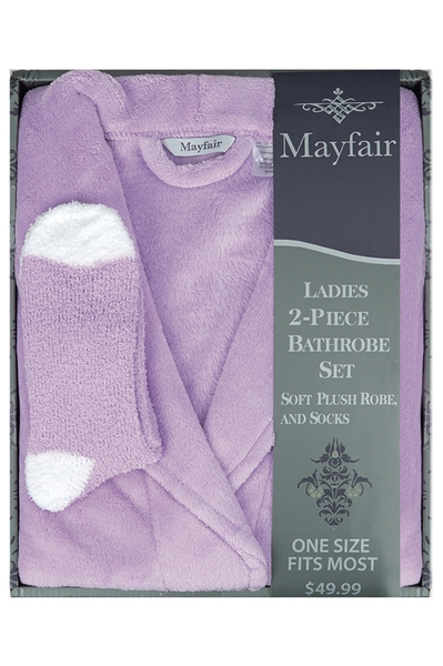 Mayfair - Ens. peignoir de bain et chaussettes en peluche douce, lilas
