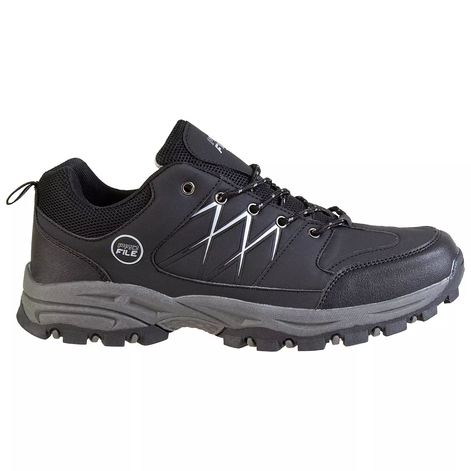 Men's low top hiking shoes with reflective strips, black, size 12