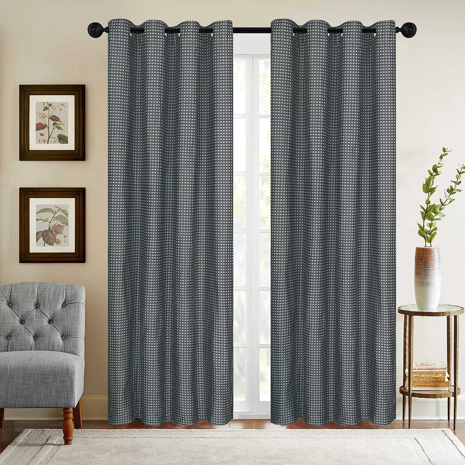 Metrico, jacquard panel with metal grommets in small grid pattern, 54"x84", dark grey