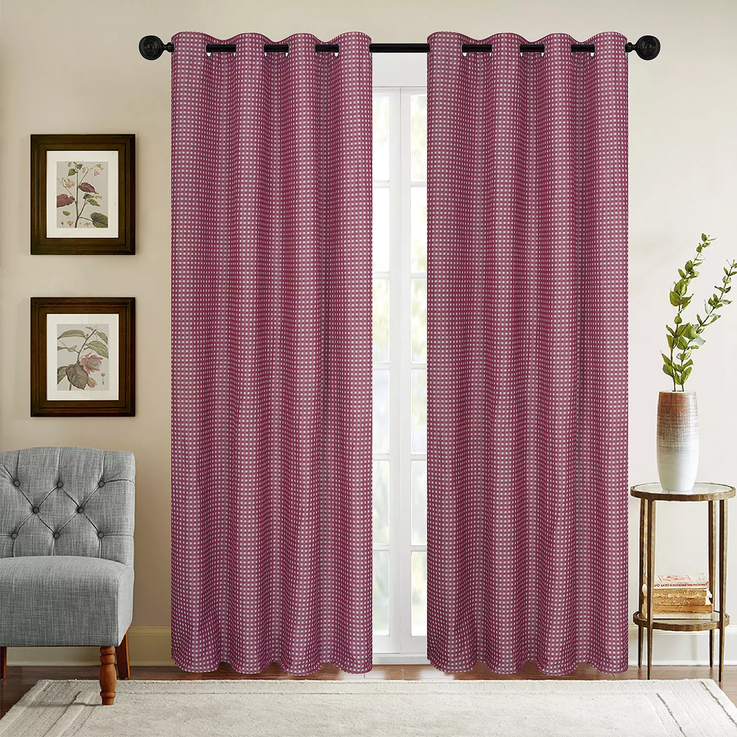 Metrico, jacquard panel with metal grommets in small grid pattern, 54"x84", plum