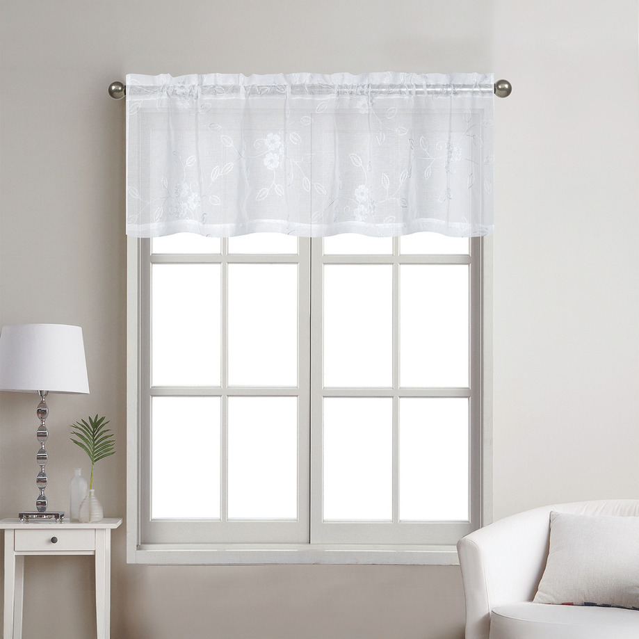 Mila - Embroidered, sheer rod pocket valance, 54"x18"