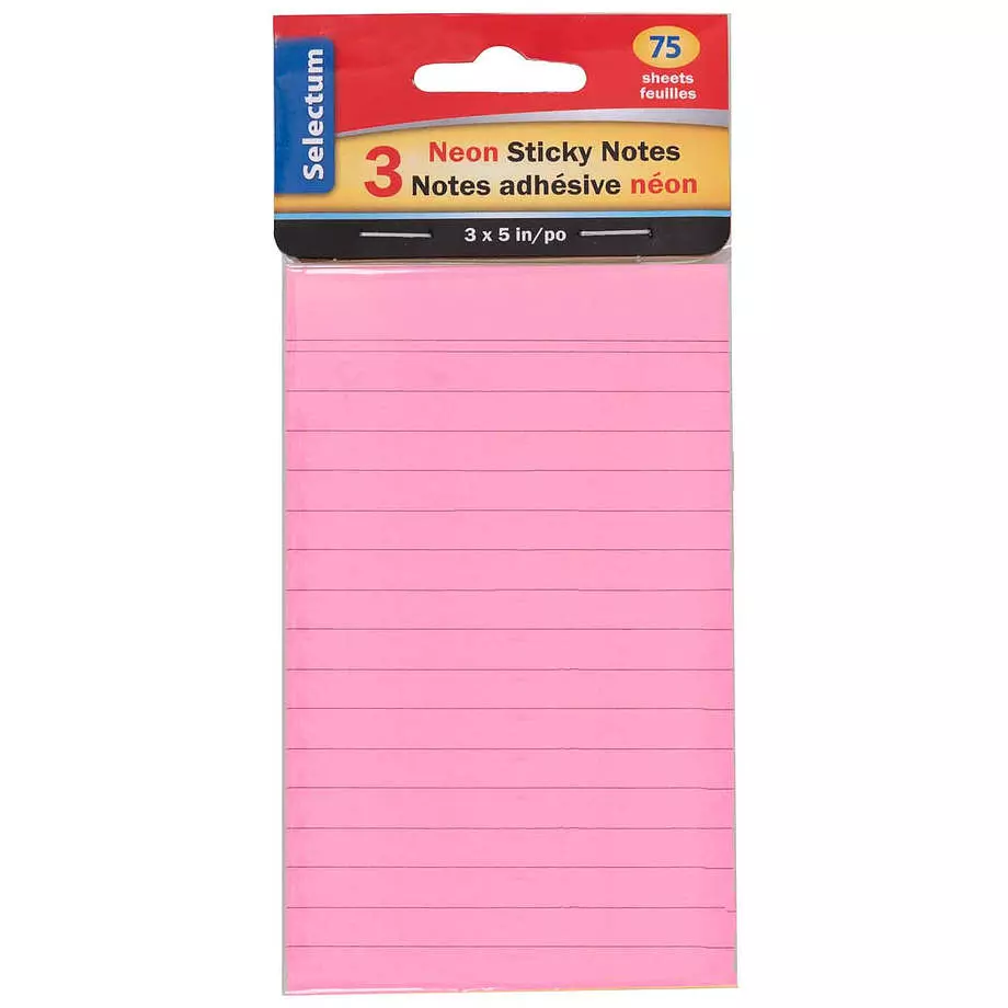 Neon sticky notepads, 3 pads, 75 pages
