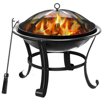 Outdoor round steel fire pit with spark screen cover and poker - 22"
