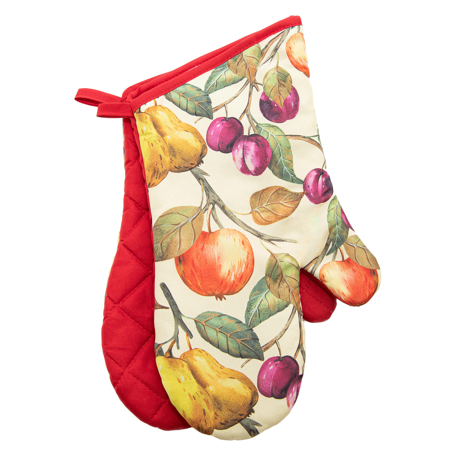 Oven mitts, apples and pears