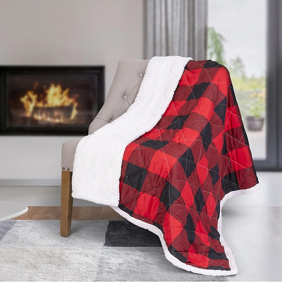 Oversized quilted throw with sherpa reverse, 50"x70" - Buffalo plaid