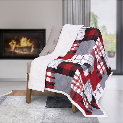 Oversized quilted throw with sherpa reverse, 50"x70" - Plaid patchwork