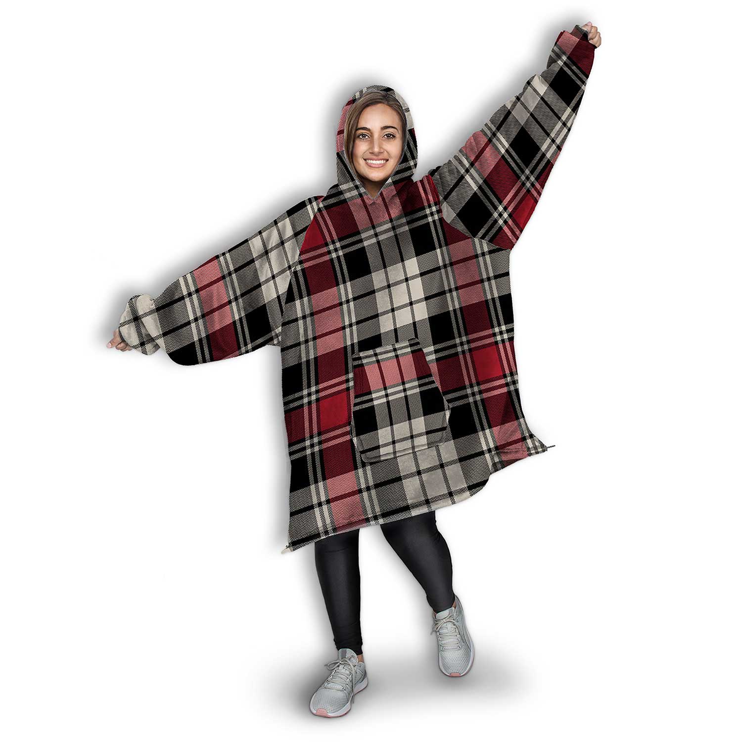 Oversized, unisex sherpa hooded sweater blanket, 32"X37" - Cabin plaid