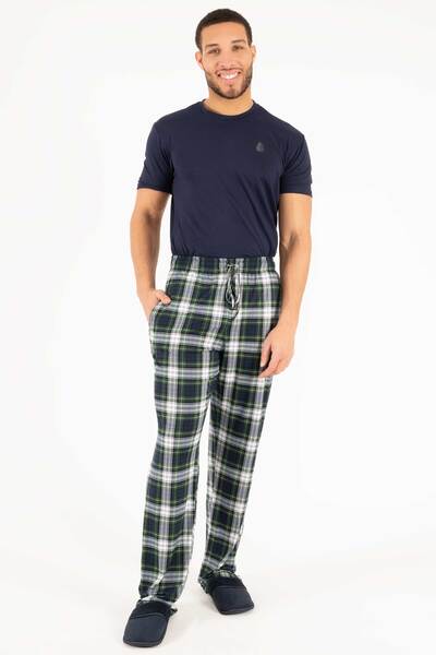 Pantalon de pyjama en tricot extensible, jambe droite - Tartan vert