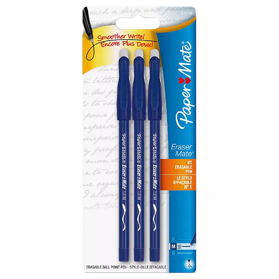 Paper Mate - Eraser Mate erasable ball point pens, pk. of 3, blue