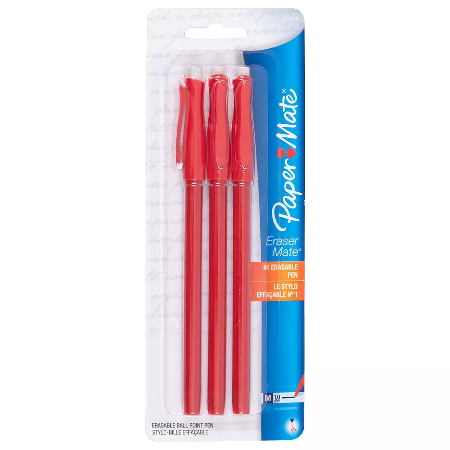 Paper Mate - Eraser Mate erasable ball point pens, pk. of 3, red