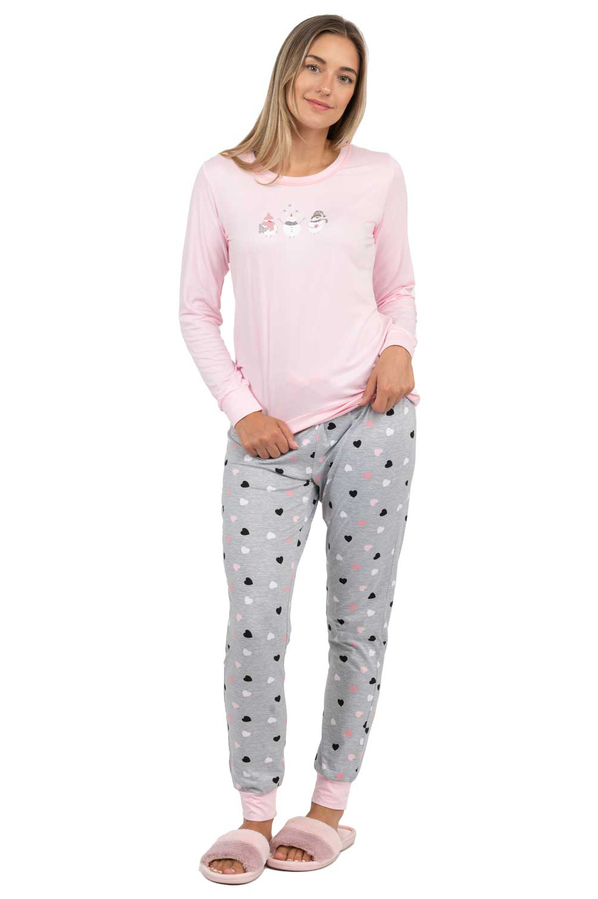 Pink Hearts long sleeve PJ set with silkscreen snowmen, extra large (XL)