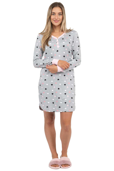 Pink hearts long sleeve v-neck sleepshirt with snap button detail