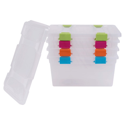 Plastic storage container with coloured clips