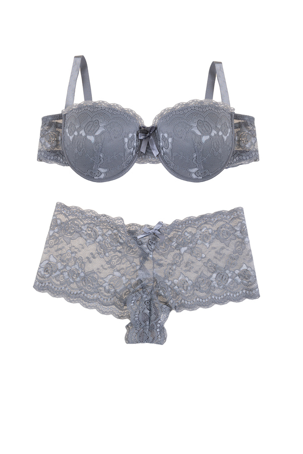 Plunging lace push-up demi bra set, grey - Plus Size. Colour: grey. Size:  38d/8