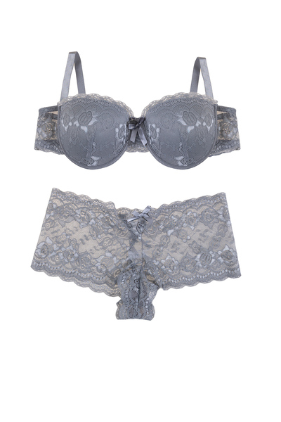 Plunging lace push-up demi bra set, grey - Plus Size