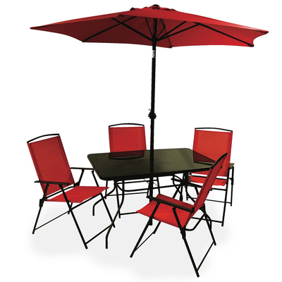 Pompei - Ens. à dîner pour patio avec parasol, 6 mcx