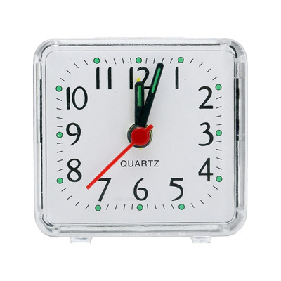 Portable alarm clock, transparent case, quartz movement