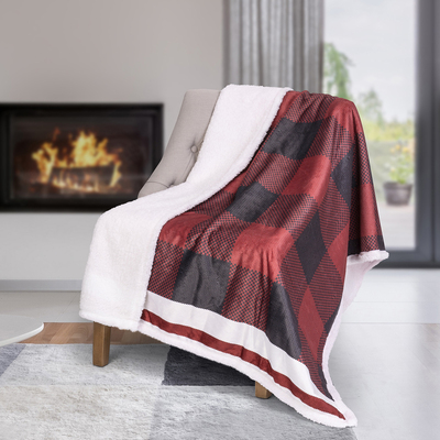 Premium photoreal printed reversible throw blanket with sherpa backing - Buffalo plaid