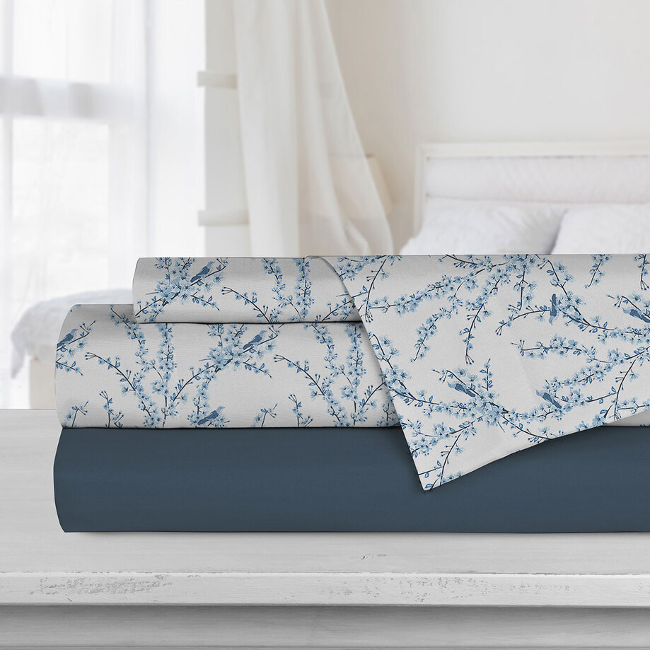 Premium super soft printed & solid sheet set - Navy floral