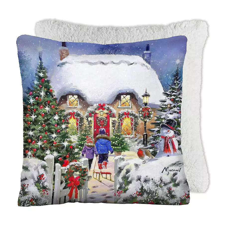 Printed cushion with sherpa backing, Christmas house, 17"x17"
