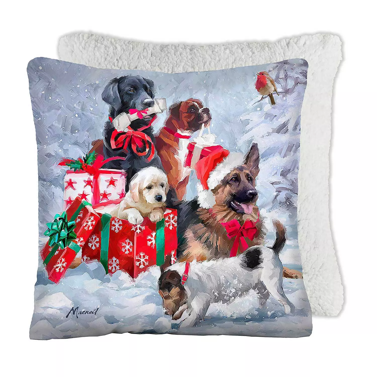 Printed cushion with sherpa backing, puppy gift, 17"x17"