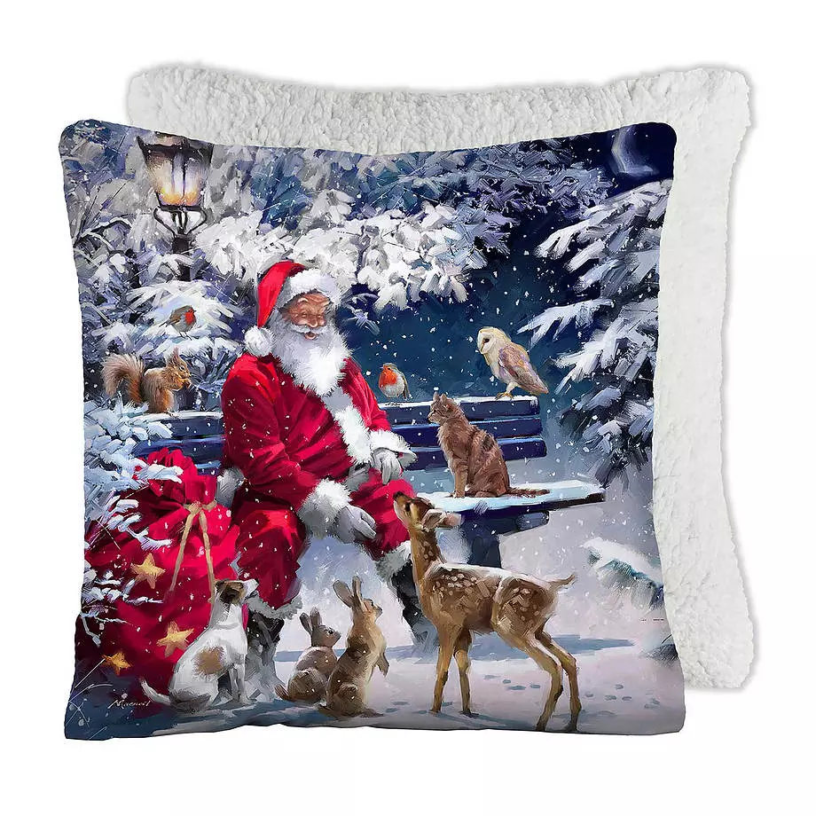 Printed cushion with sherpa backing, Santa Claus, 17"x17"