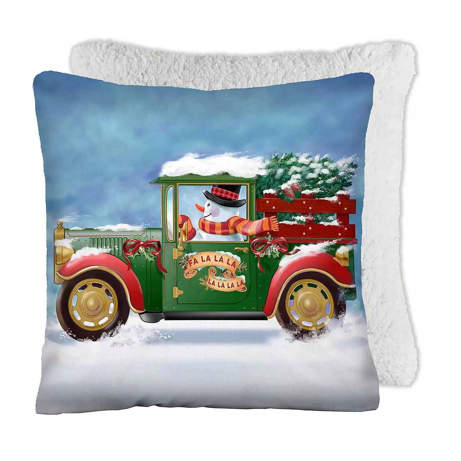 Printed cushion with sherpa backing, snowman, 17"x17"