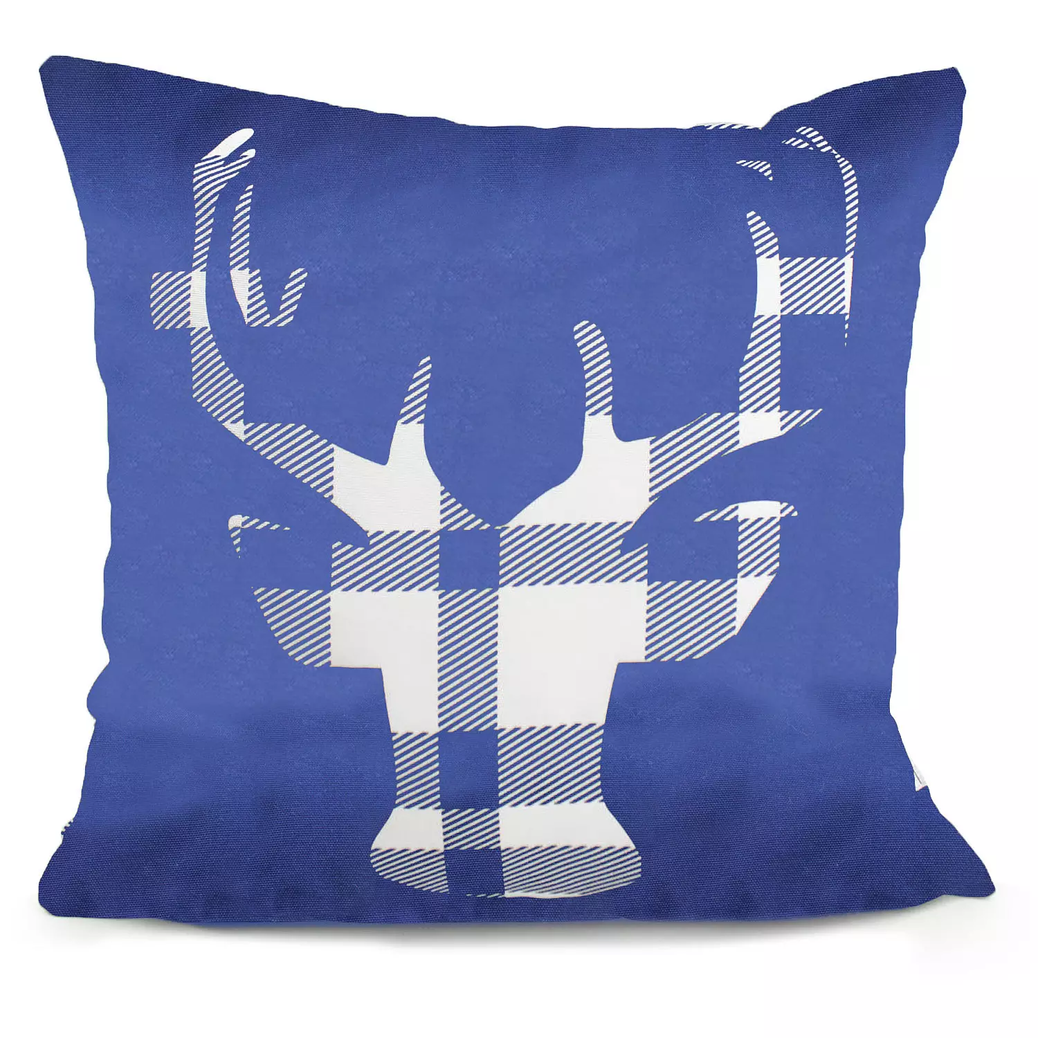 Printed decorative cushion with moose silhouette front and matching plaid back, 18"x18", blue