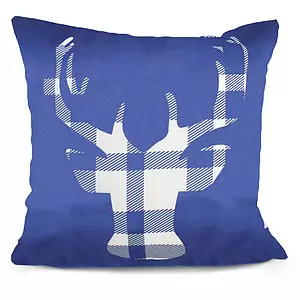 Printed decorative cushion with moose silhouette front and matching plaid back, 18"x18"