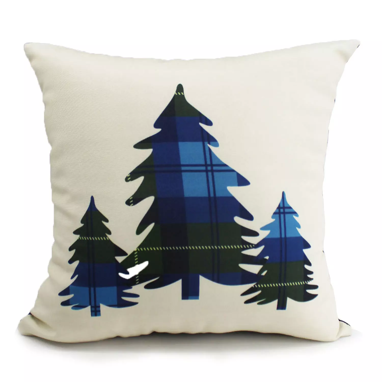 Printed decorative cushion with plaid trees front and matching plaid back, 18"x18", blue