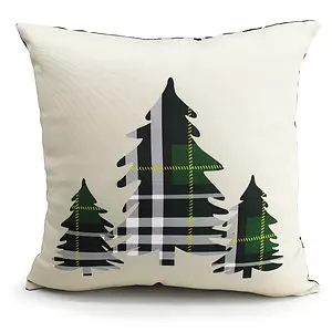 Printed decorative cushion with plaid trees front and matching plaid back, 18"x18"