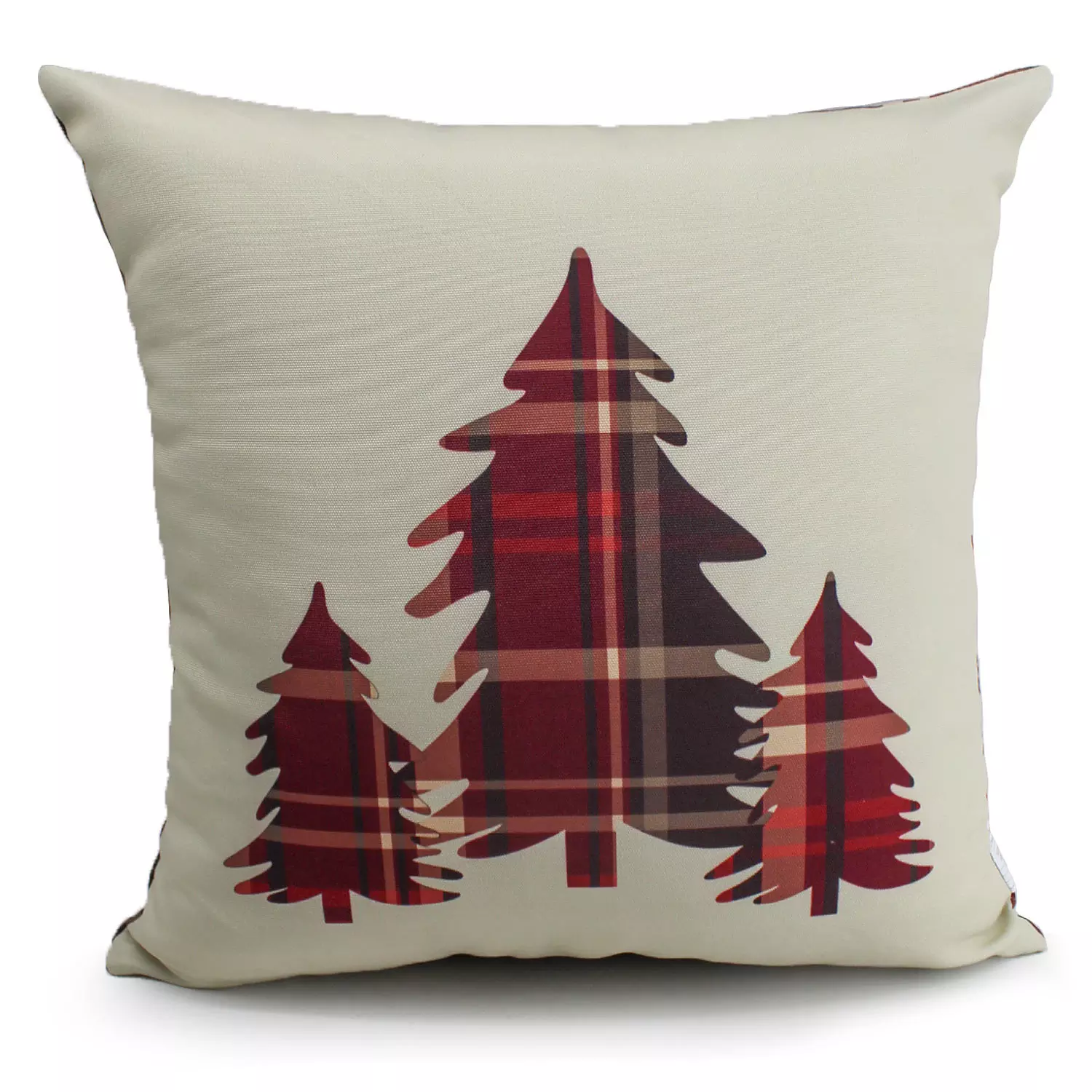 Printed decorative cushion with plaid trees front and matching plaid back, 18"x18", red