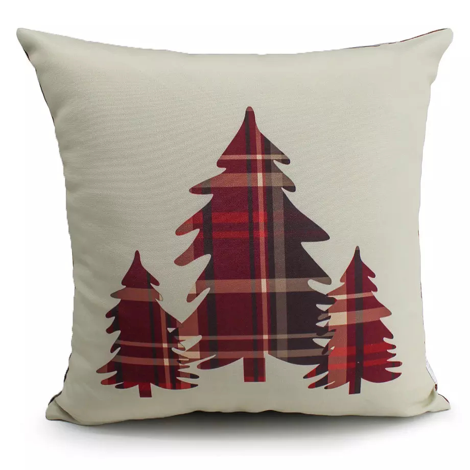Printed decorative cushion with plaid trees front and matching plaid back, 18