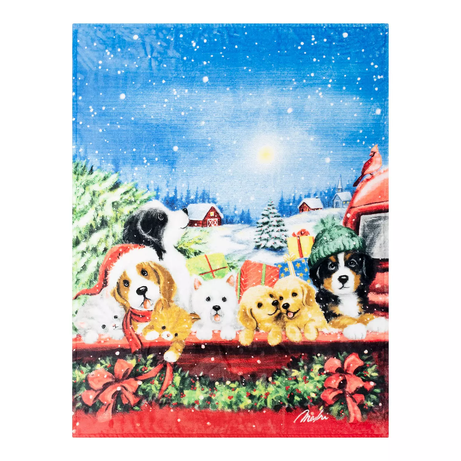 Printed micro mink throw, holiday puppies, 48"x60"