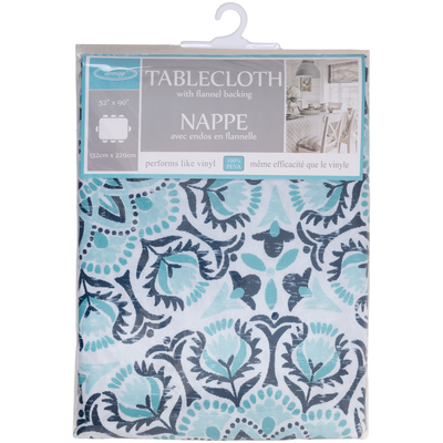 Printed PEVA tablecloth with flannel backing - Aqua damask