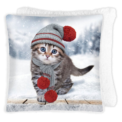 Printed photoreal cushion with sherpa backing, 17"x17" - Cat in toque