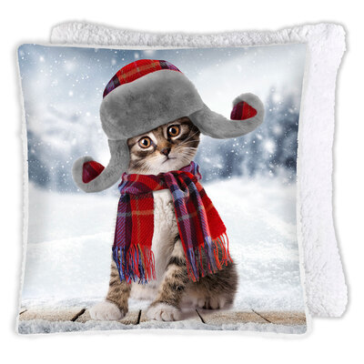 Printed photoreal cushion with sherpa backing, 17"x17" - Cat in trapper hat